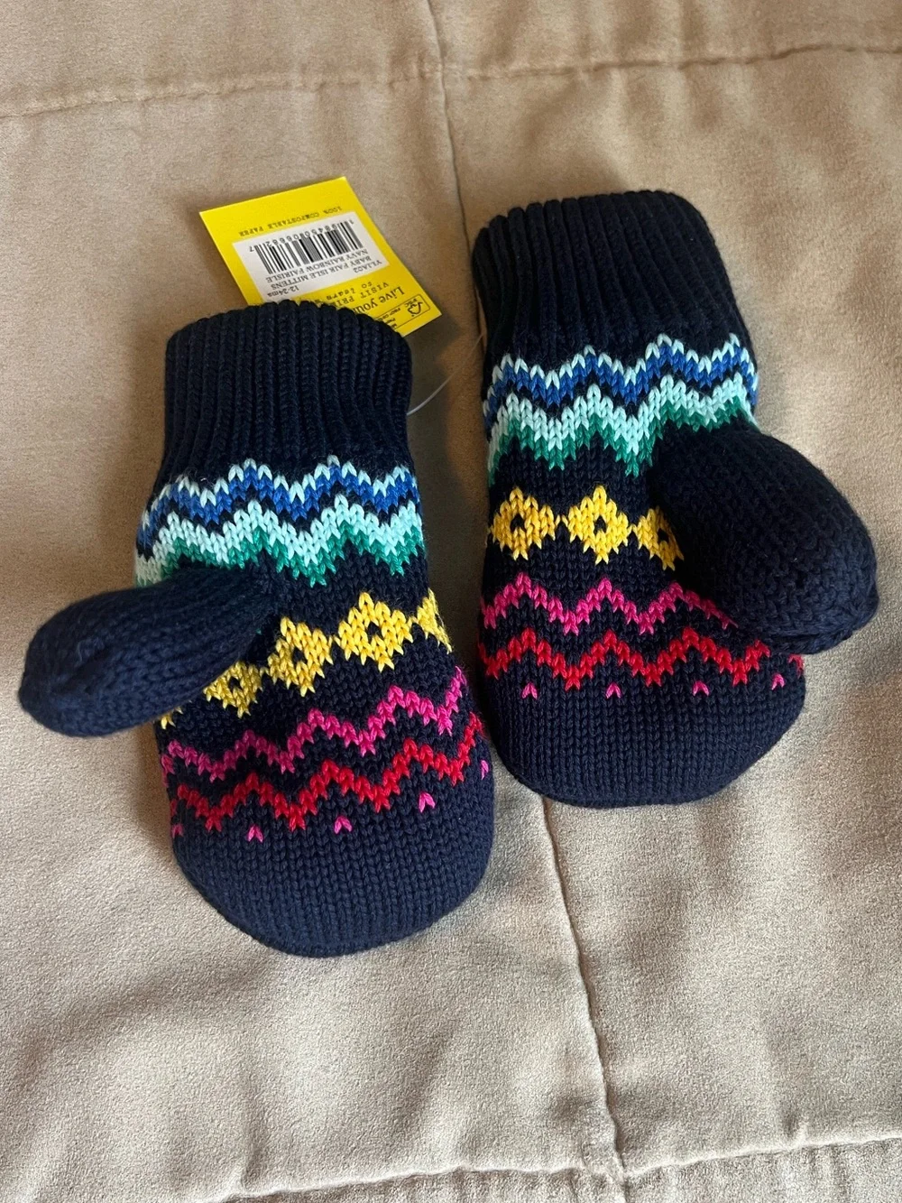 Primary Navy Fair Isle Toddler Knit Mittens with Multicolor Chevron Stripes